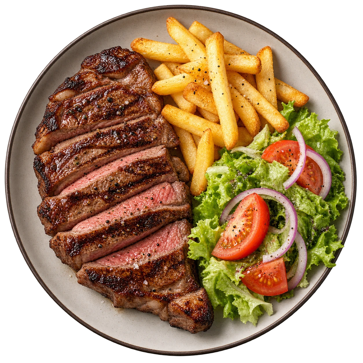 Bife americano con papas y ensalada